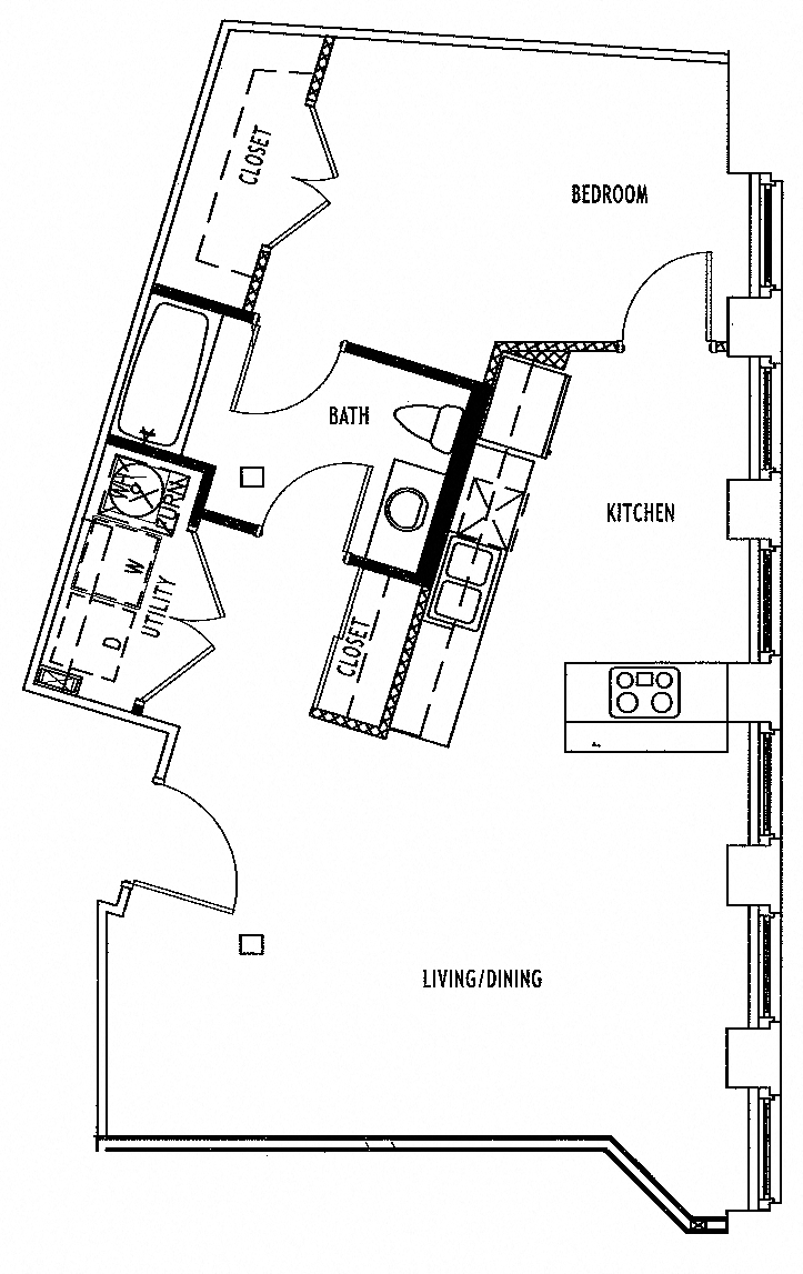 Floor plan for 1 bed, 1 bath, 800 sqft